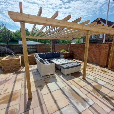 Rear garden makeover with pergola and patio