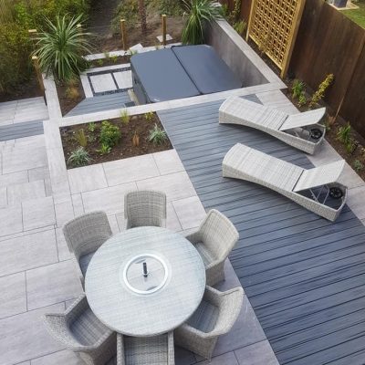 Terraced patio & hot tub area